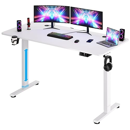 Casaria® Höhenverstellbarer Schreibtisch 140x60 cm elektrisch mit Kopfhörerhalter Tassenhalter Modern Stehschreibtisch Büro Gaming Computer Tisch Weiß von Casaria