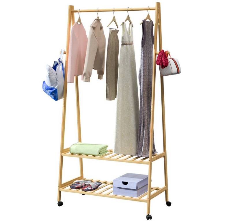 Casaria Kleiderständer, mit Rollen Stabil Holz 2x Ablage 4x Haken bis 50kg Belastbar 155x70cm von Casaria