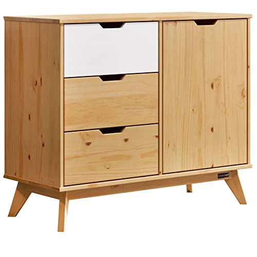 Casaria® Kommode mit 3 Schubladen Tür 96x40x79cm FSC®- Zertifiziert Kiefer Massiv Natur Holz Wohnzimmer Esszimmer Diele Möbel Sideboard Anrichte Schrank von Casaria