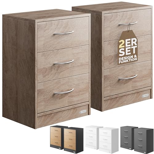 Casaria® Nachttisch 2er Set 54x39x28cm Holz 3 Schubladen Boxspringbett Schlafzimmer Wohnzimmer Beistelltisch Nachtschrank Nachtkästchen Tisch Eiche von Casaria