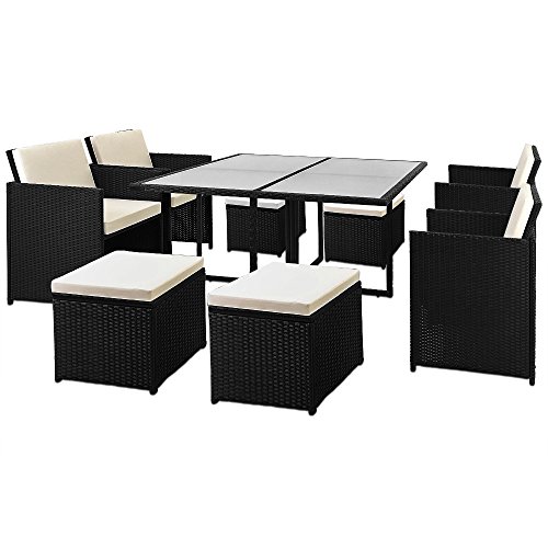 Casaria® Polyrattan Gartenmöbel Set Cube Tisch 120x120cm 4 Stühle 4 Hocker 7cm Auflagen Draußen Platzsparend Wetterfest Terrasse Balkon Möbel Sitzgruppe von Casaria