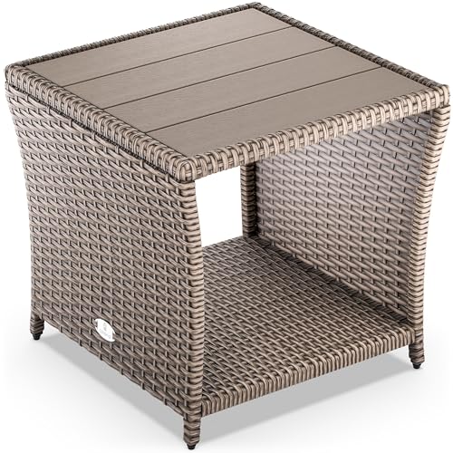 Casaria® Polyrattan Beistelltisch mit WPC Tischplatte 45x45x40cm 80 kg Belastbarkeit Wetterfest Outdoor Garten Terrasse Balkon Tisch Gartenmöbel Creme von Casaria