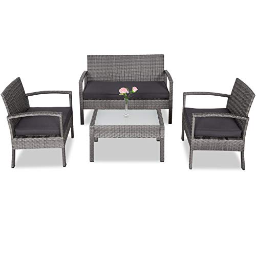 Casaria® Polyrattan Gartenmöbel mit Bank Tisch 2 Stühle inkl. Auflagen Sicherheitsglas Wetterfest Modern Outdoor Terrasse Balkon Möbel Lounge Set Grau von Casaria