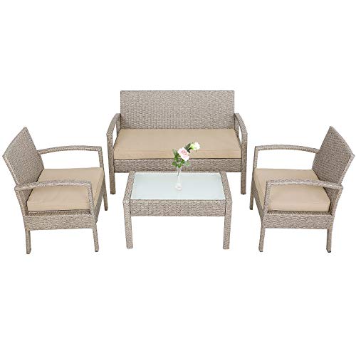 Casaria® Polyrattan Gartenmöbel mit Bank Tisch 2 Stühle inkl. Auflagen Sicherheitsglas Wetterfest Modern Outdoor Terrasse Balkon Möbel Lounge Set Beige von Casaria