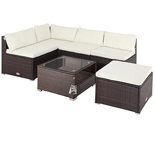 Casaria® Gartenmöbel Set Polyrattan 5 Personen Wetterfest Tisch 5mm Sicherheitsglas Lounge Outdoor Terrasse Eck Sofa Sitzauflagen Braun-Creme von Casaria