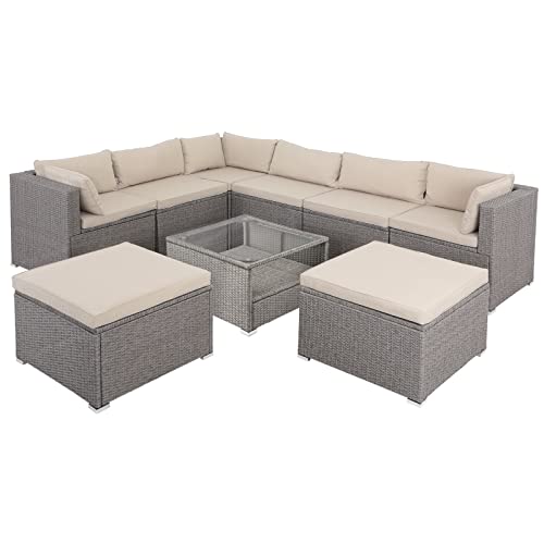 Casaria® Gartenmöbel Set Polyrattan 8 Personen Wetterfest Tisch 5mm Sicherheitsglas Lounge Outdoor Terrasse Eck Sofa Sitzauflagen Creme-Creme von Casaria