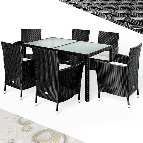 Casaria® Gartenmöbel Set 6 Personen Stühle inkl. 7cm Polster Tisch 150x90cm Balkonmöbel 160kg Belastbar Wetterfest Polyrattan Stapelbar Terrasse Möbel Schwarz von Casaria