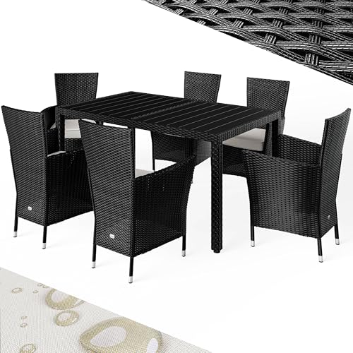 Casaria® Gartenmöbel Set 6 Stühle inkl. 7cm Polster Tisch 150x90cm Polyrattan wetterfest stapelbar Outdoor Balkon Terrasse 160kg belastbar modernes WPC Schwarz von Casaria