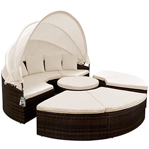 Casaria® Sonneninsel Lounge Set ø230cm Polyrattan Faltbares Sonnendach Tisch 7cm Auflagen Wetterfest Outdoor Sonnenliege Gartenliege Braun von Casaria