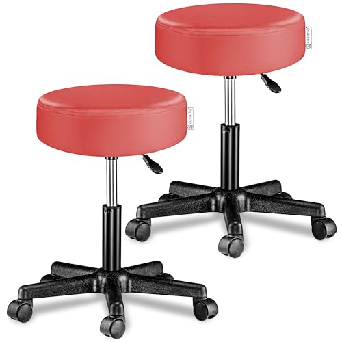 Casaria® Rollhocker Höhenverstellbar 2er Set 10cm Polsterung 46-60cm Höhe 360° Drehbar Ø35cm Rund Rollen Bürohocker Drehhocker Arbeitshocker Stuhl Rot von Casaria