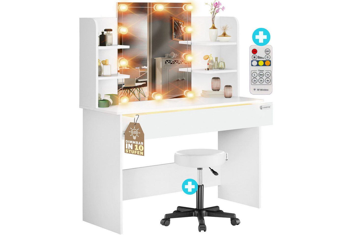 Casaria Schminktisch Lucia, mit Spiegel LED Beleuchtung Hocker Schminkkommode Schublade 110cm Weiß Casaria Schminktisch Lucia, mit Spiegel LED Beleuchtung Hocker Schminkkommode Schublade 110cm Weiß von Casaria