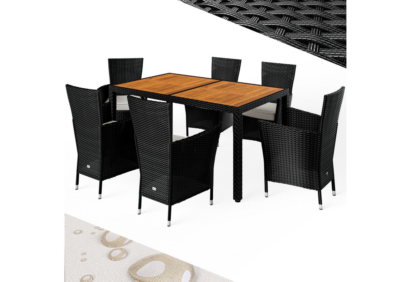 Casaria Garten-Essgruppe, (7-tlg), Gartenmöbel Set 6 Stühle mit 7cm Polster Tisch 150x90cm Akazie Schwarz von Casaria