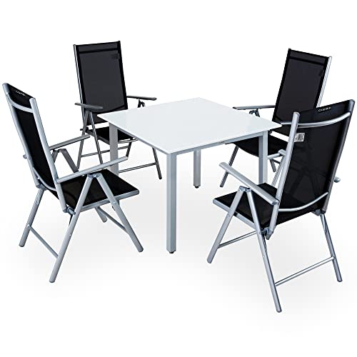 Casaria® Gartenmöbel Set 4 Stühle mit Tisch 90x90cm Aluminium Sicherheitsglas Wetterfest Klappbar Modern Terrasse Balkon Möbel Sitzgruppe Garnitur Bern von Casaria
