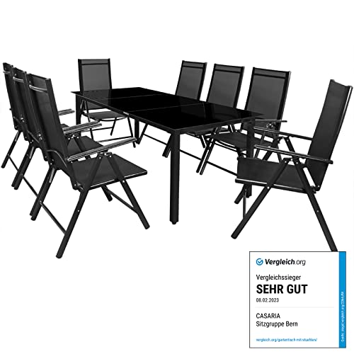 Casaria® Gartenmöbel Set 8 Stühle mit Tisch 190x90cm Aluminium Sicherheitsglas Wetterfest Klappbar Modern Terrasse Balkon Möbel Sitzgruppe Garnitur Bern von Casaria