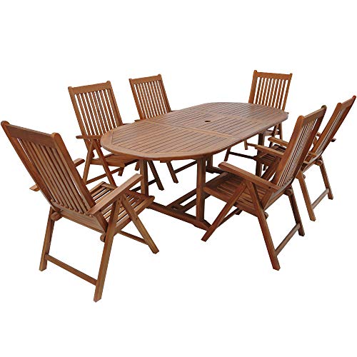 Casaria® Gartenmöbel Set Holz 6 Stühle mit Tisch Wetterfest FSC®-Zertifiziert Schirmständer Armlehnen Klappstühle Garten Terrasse 7-TLG. Eukalyptus von Casaria