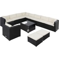 Gartenmöbel Set Polyrattan 11 Personen Wetterfest Tisch 5mm Sicherheitsglas Lounge Outdoor Terrasse Eck Sofa Sitzauflagen Schwarz-Creme - Casaria von Casaria