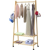 Kleiderständer mit Rollen und Ablagen Holz Stabil Kleiderstange Bambus inkl. 4 Haken Garderobenständer 155x70cm Flur Garderobenständer Schmal Natur von Casaria