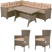 Polyrattan Ecklounge Set wpc Esstisch Ecksofa 2 Gartenstühle Sitzauflagen Kissen Wetterfest Outdoor Lounge Garten Terrasse Balkon Möbel creme von Casaria
