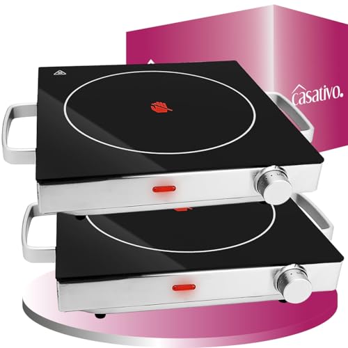 Casativo 2er Set Mobile Glaskeramik-Kochplatte, Edelstahl Gehäuse u. Infrarot-Wärme, Ø 20cm, 2.000 Watt, stufenlose Temperaturregelung, tragbares Ceranfeld von Casativo