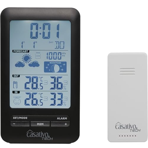 Casativo Digitale Funk-Wetterstation mit Aussensensor für präzise Wettervorhersage - Barometer, Hygrometer & Trend - Grosses Display - Funkuhr u. Wecker von Casativo