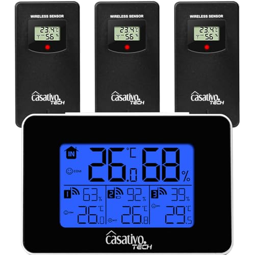 Casativo WLAN-Wetterstation mit 3 Funksensoren, LCD Display – Temperatur, Hygrometer, Wettertrends & Heiz-/Lüftungsempfehlungen für Ihr Wohlbefinden von Casativo