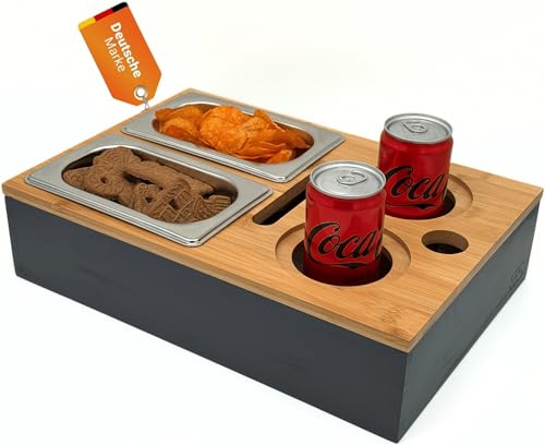 Cascalino's Couchbar mit Snackschalen aus Edelstahl - Sofatablett aus Holz | Sofa Organizer mit Getränkehalter | Couch Tablett , Couch bar, Snackbox, Butler von Cascalino's