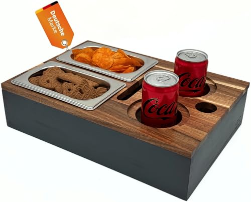 Cascalino's Couchbar mit Snackschalen aus Edelstahl - Sofatablett aus Holz | Sofa Organizer mit Getränkehalter | Couch Tablett Holz, Couch bar, Snackbox, Sofa Butler, Couch Organizer, Couch Tablett von Cascalino's