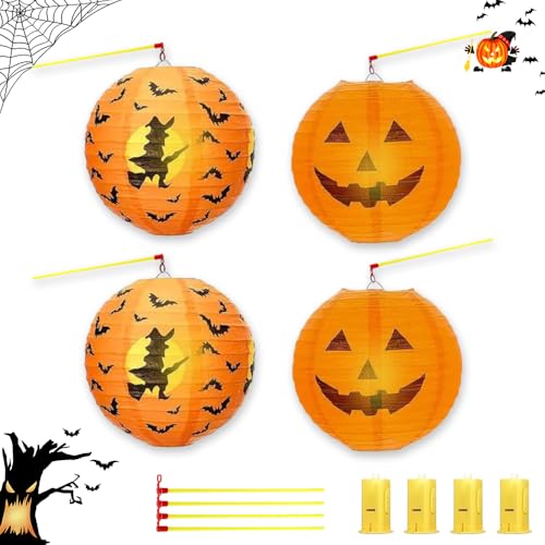 Casenly Halloween Laterne Papier, 4 Stück Mit Laternenstab, Papier Lampion für Kinder, Faltbare Hängedeko Kürbismuster für Party Dekoration von Casenly
