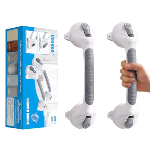 Casgee 2 Stück Haltegriff Dusche ohne bohren, 38cm Haltegriffe für Senioren, Haltegriff mit Saugnapf bis 110KG, Badewannengriff mit Saugwarnung, Portable Mobiler Duschgriff, WC Rutschfreier, Grau von Casgee