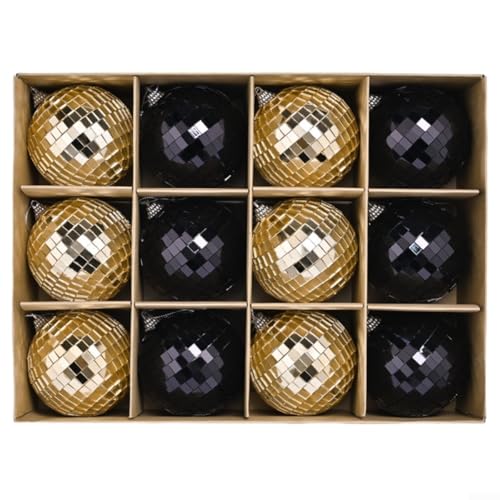 12 Stück 8 cm Spiegel-Discokugeln zum Aufhängen, Ornamente für Weihnachten, Partys und Feiern mit reflektierendem Glanz (Schwarzgold) von CashMuch