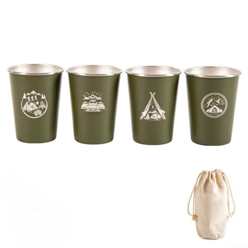 4 Stück 350 ml Edelstahl-Kaffeetassen Set für Outdoor Wandern Camping Leicht Stapelbar mit Aufbewahrungstasche und Safe 304 Edelstahl (350 ml Grün) von CashMuch