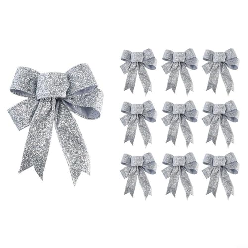 CashMuch 10 Stück Weihnachtsschleifen, 10 x 8 cm, Weihnachtsschleifen zum Aufhängen für Baum und Kränze, Dekoration, Handwerk für Urlaub, Heimdekoration (Silber) von CashMuch