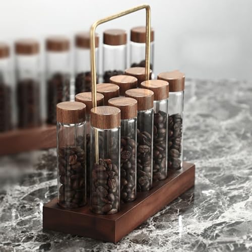 Kaffeebohnen-Aufbewahrungsröhren, Holzhalter, Premium-Glasfläschchen, luftdichter Verschluss, Frische-Wartung (1 Sockel + 10 Röhren) von CashMuch