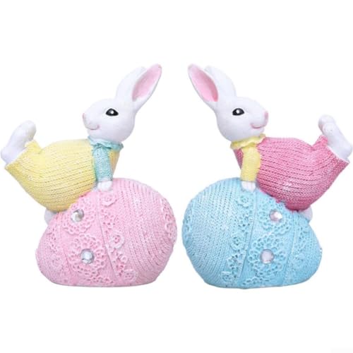 Niedliche Hasen-Figuren für Osterfeiern, lebensechte Harz-Statuen für Heimdekoration (gelbblau), 2 Stück von CashMuch