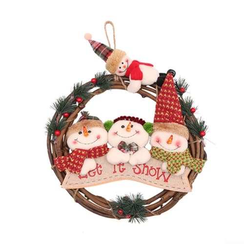 Rattan-Weihnachtskranz mit Weihnachtsmann, Schneemann und Rentier, Dekorationen für Haustür, Innen- und Außenbereich, saisonale Urlaubsdekoration (Schneemann) von CashMuch