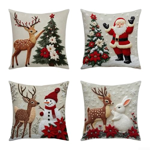 Set mit 4 Kissenbezügen mit Feiertagsmotiven wie Weihnachtsmann, Rentier, Schneemann und Weihnachtsbaum als Dekoration von CashMuch