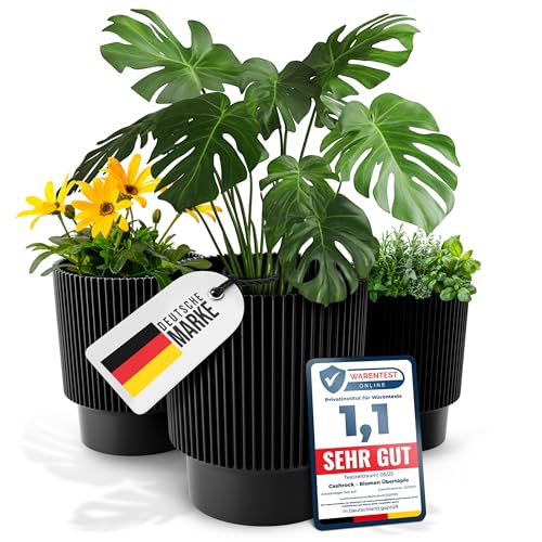 Cashrock Blumenübertopf Set – 3 Elegante Blumentöpfe schwarz für Indoor und Outdoor in verschiedenen größen 13cm, 15cm und 17cm - Basilikum Topf - Orchideentopf - Kräutertopf, optimale Drainage von Cashrock