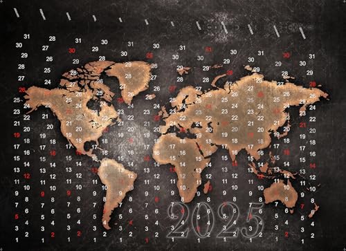 CashWall - Austauschbares Hintergrundmotiv für Cashwall Wandspardose – 50x70 cm – Stilvolle Wanddeko – Anpassbarer Look für Wiederverwendbare Spardose - Kalender 2025 Weltkarte von Cashwall