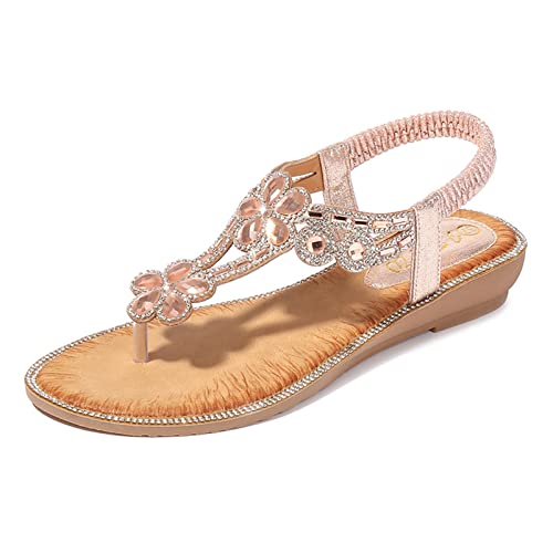 Cashwise Damen Flache Sandalen, Flip Flops Sommer Strand Hochzeitsschuhe für die Braut Sommer Flache Ledersandale Wandersandalen,Pink-42 von Cashwise