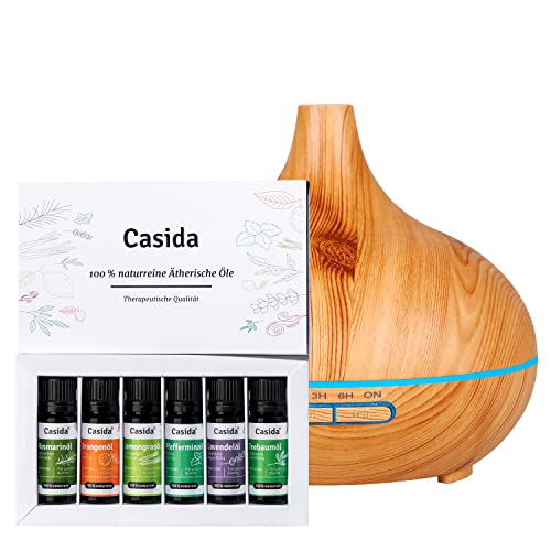 Aroma Diffuser Holzdesign mit Top 6 Set naturreine, ätherische Öle - Aromadiffuser - 300 ml - leise Ultraschalltechnologie - Luftbefeuchter - LED Beleuchtung von Casida