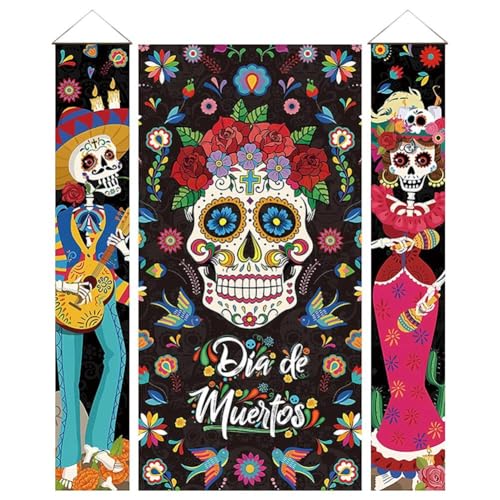 3-teiliges Veranda-Schild Zum Tag Der, Mexikanische Türdekorationen Für Die Dia De Los Muertos-Party, Totenkopf-türbanner Zum Tag Der Für Halloween, Geburtstag, Fiesta-Party von Casiler