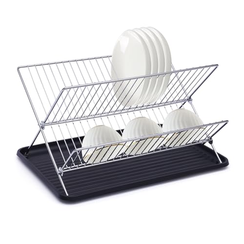 Abtropfgestell Geschirr Schwarz,Abtropfgestell Geschirr,Abtropfgitter,Faltbarer Abtropfkorb mit Tablett,Geschirr Abtropfständer für Küchentischr,Geschirrtrockner mit Utensilienhalter & Abtropfschale von Caskunbsy