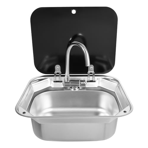 ‌RV Spüle mit Glasabdeckung & Armatur-2-in-1 Waschbecken/Konsole aus Edelstahl 304 (41x36.5cm),klappbar für Wohnmobile,Bars,Tiny Houses von Caskunbsy