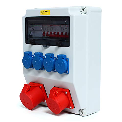 Stromverteilerbox IP44 mit 4x Schukosteckdosen & 2x 5-Pol-Steckdosen - Wandmontage, 38x28x15 cm,ABS/PC-Kiste mit klappbarem Deckel（Weiß） von Caskunbsy