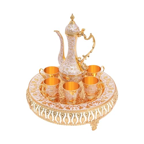 Türkische Kaffeekanne Set, Vintage Teeservice Set, Metall Russisches Samowar Weinglas mit 6 Luxuriösen Kaffeetassen und Handgefertigtem Teetablett Set für Teetisch Dekoration (Gold) von Caskunbsy