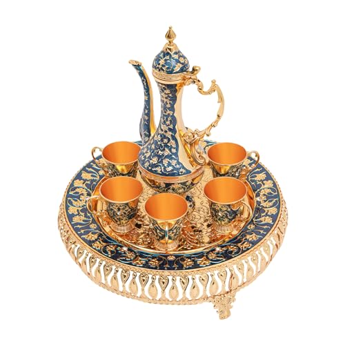 Türkische Kaffeekanne Set, Vintage Teeservice Set, Metall Russisches Samowar Weinglas mit 6 Luxuriösen Kaffeetassen und Handgefertigtem Teetablett Set für Teetisch Dekoration (Gold und Dunkelblau) von Caskunbsy