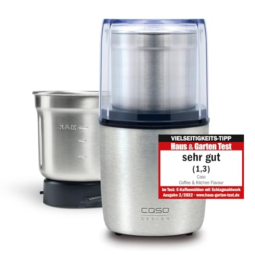 CASO Coffee & Kitchen Flavour, elektrische Kaffeemühle aus Edelstahl, Zerkleinerer mit extra Edelstahlbehälter für Pesto, Nüsse, Gewürze, Kräuter uvm., 200 Watt, Silber von Caso