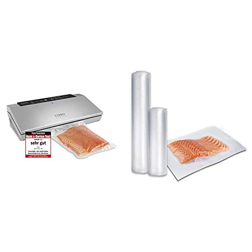 CASO GourmetVAC 380 - Vakuumierer - doppelte Schweißnaht -Inkl. 10 Beutel 20 x 30 cm & 1235 Profi-Folienset 1 (50x Folienbeutel 20 x 30 cm, 1x Folienrolle 20 x 600 cm, 1x Folienrolle 30 x 600 cm) von Caso