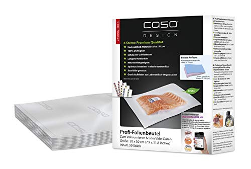 CASO Profi- Folienbeutel 20x30 cm / 50 Beutel, für alle Vakuumierer, BPA-frei, sehr stark & reißfest ca. 150µm, aromadicht, kochfest, Sous Vide, wiederverwendbar, inkl. Food Manager Sticker von Caso