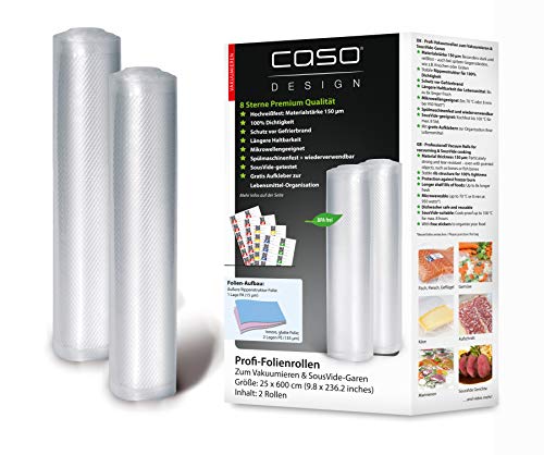 CASO Profi- Folienrollen 25x600 cm / 2 Rollen, für alle Vakuumierer, BPA-frei, sehr stark & reißfest ca. 150µm, aromadicht, kochfest, Sous Vide, wiederverwendbar, inkl. Food Manager Sticker von Caso